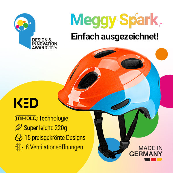 Infografik mit den Merkmalen des KED Meggy Spark Kinderhelms